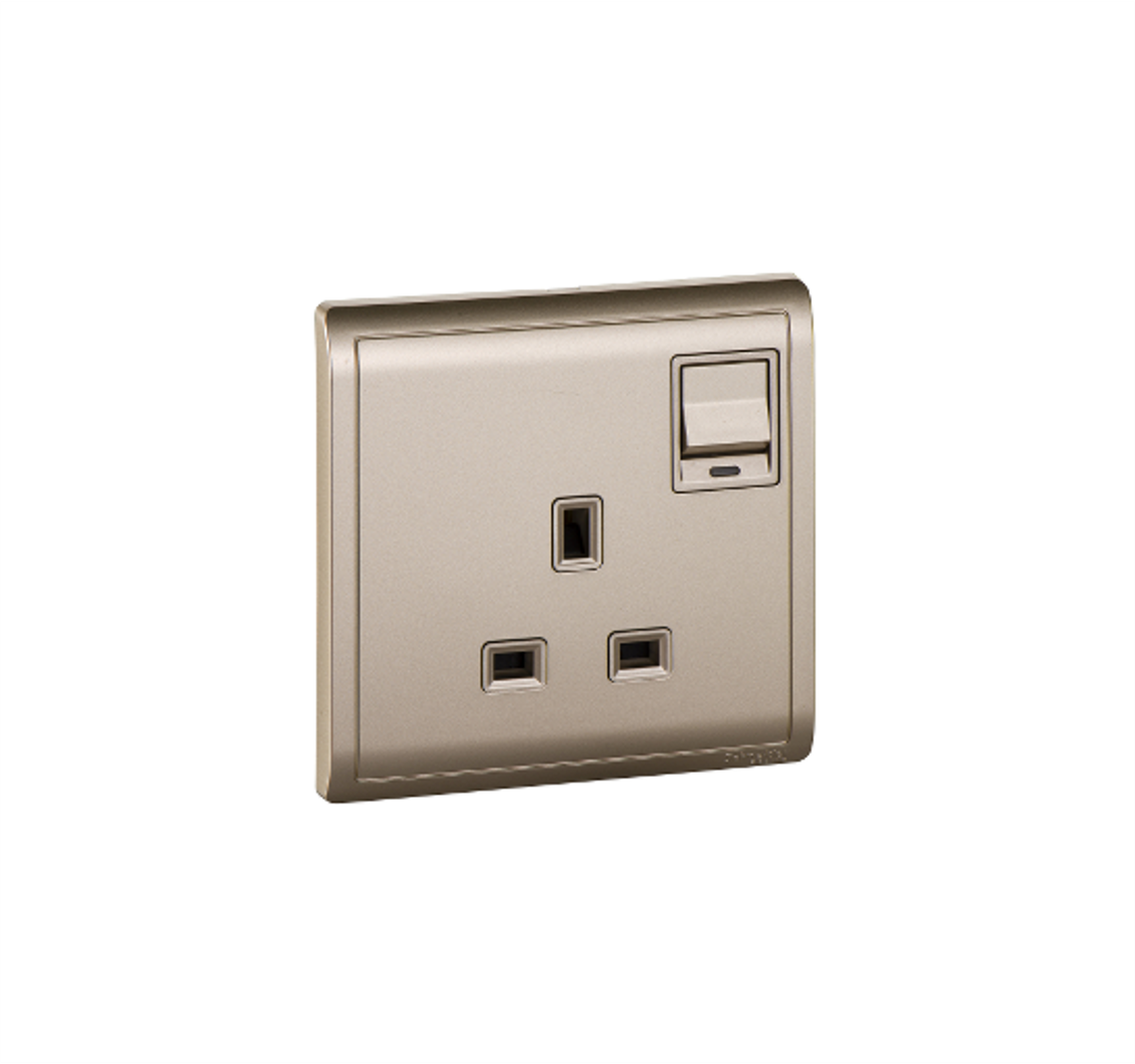 PIENO - 13A 250V 1 Gang Switched Socket with Neon and Dual Earth Terminal (Wine Gold)