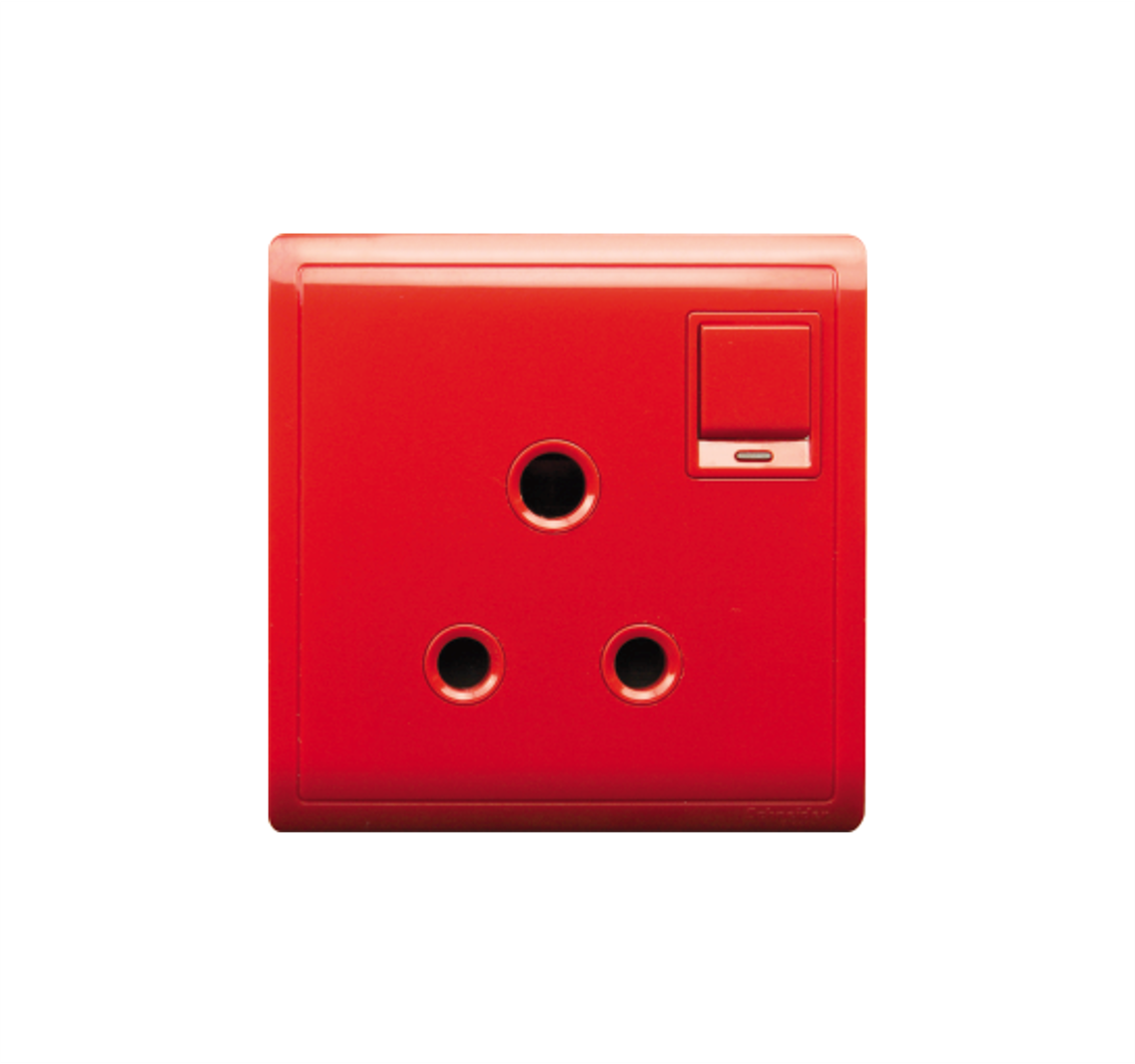 PIENO - 15A 250V 1 Gang 3 Round Pin Switched Socket with Neon (Red)