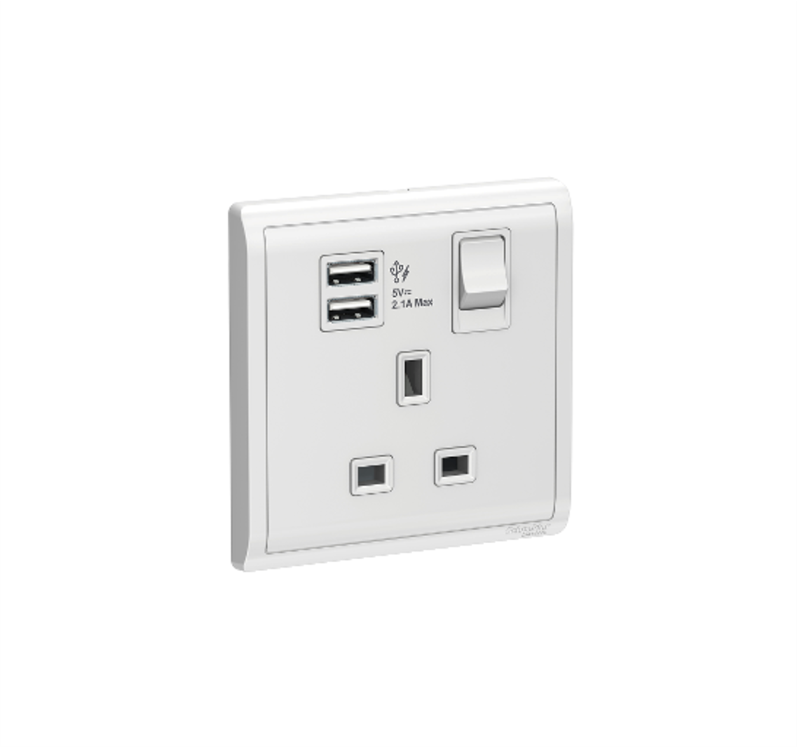 PIENO - 13A 1 Gang Switched Socket Outlet with USB (White)