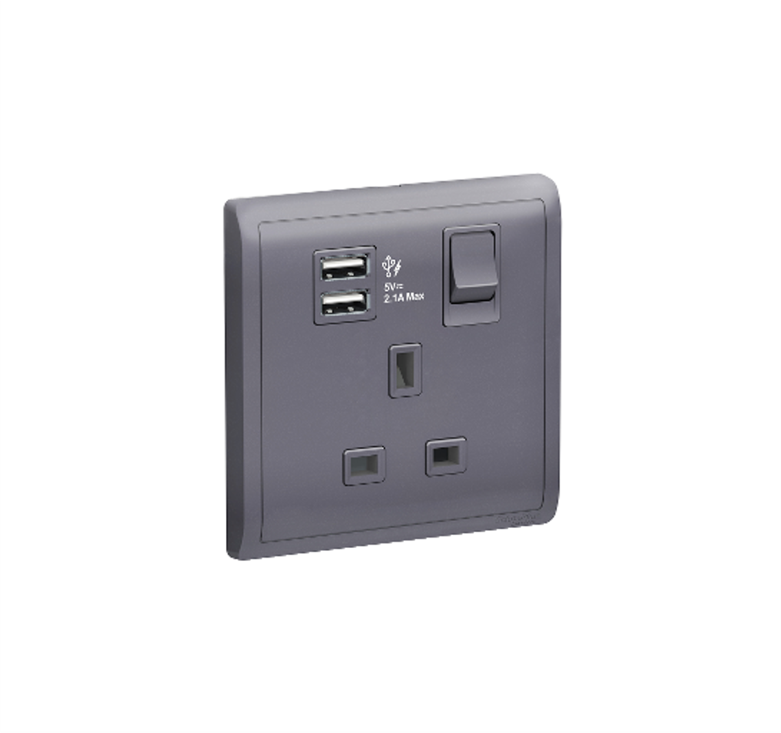 PIENO - 13A 1 Gang Switched Socket Outlet with USB (Lavendar Silver)