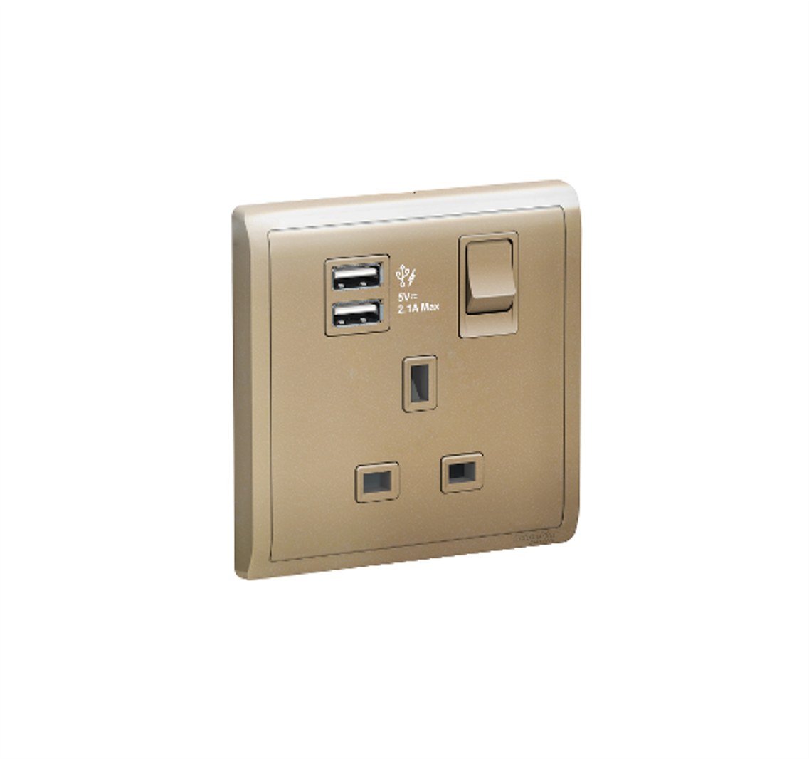 PIENO - 13A 1 Gang Switched Socket Outlet with USB (Wine Gold)