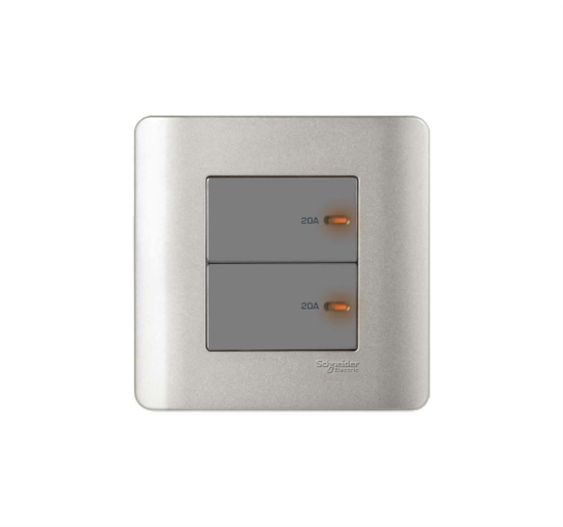 ZENCELO - 20A 2 Gang Full-Flat Double Pole Switch with Neon (Silver Satin)