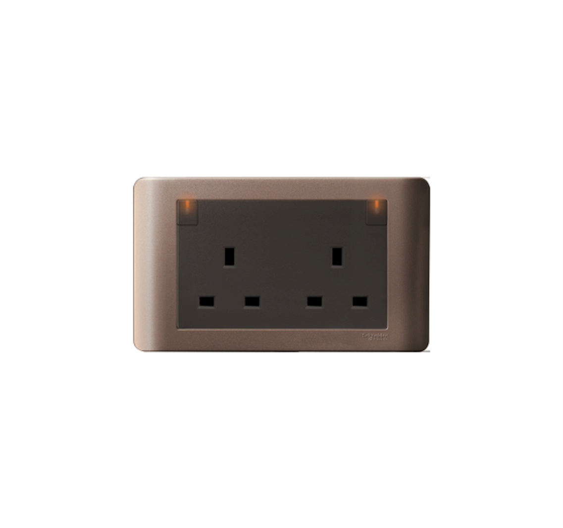 ZENCELO - 13A Twin Gang Switched Socket with Neon (Silver Bronze)