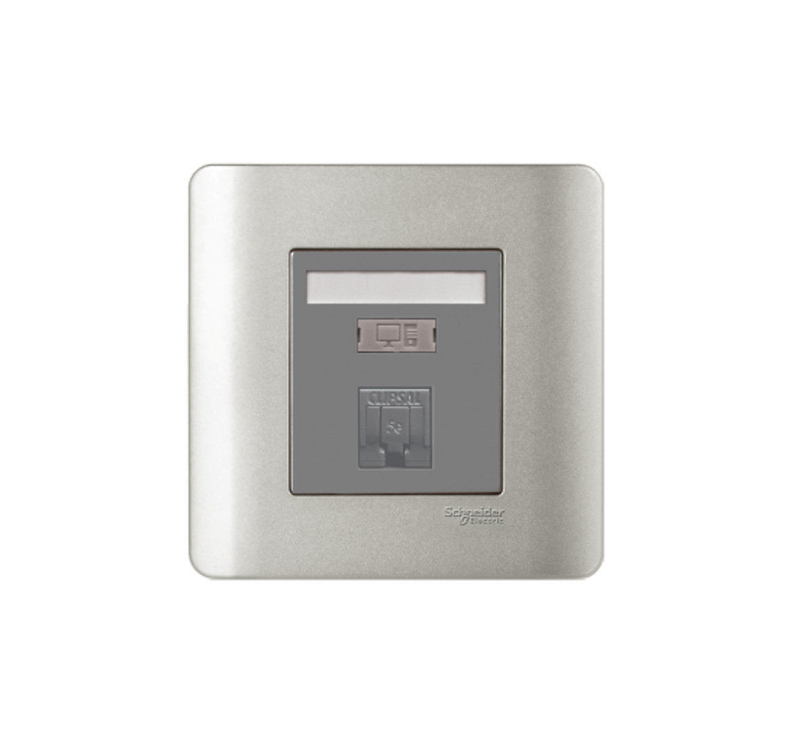 ZENCELO - 1 Gang RJ45 Cat.5e Data Outlet on Shuttered Wallplate (Silver Satin)