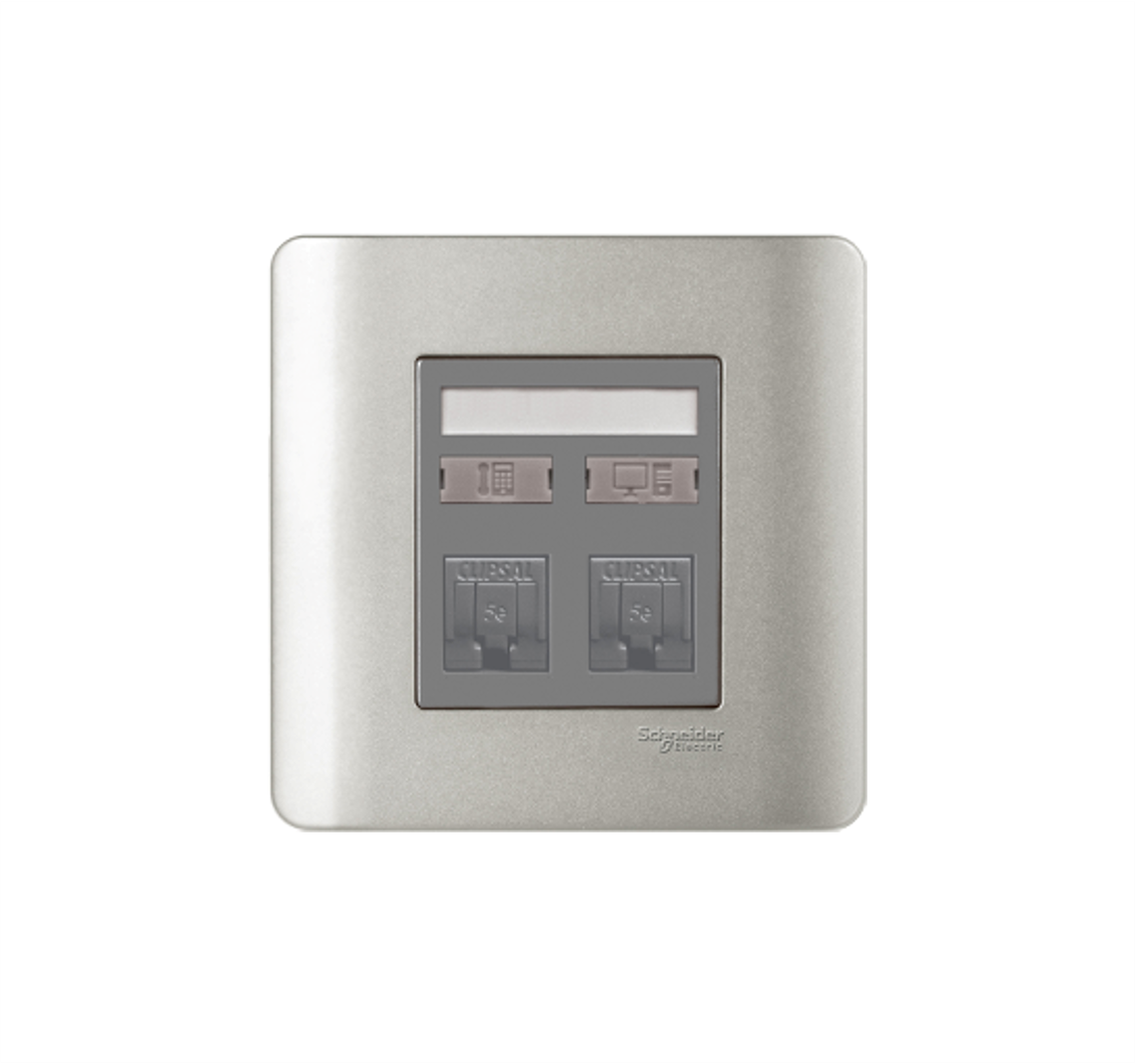 ZENCELO - 1 Gang Telephone + RJ45 Cat.5e Data Outlet on Shuttered Wallplate (Silver Satin)