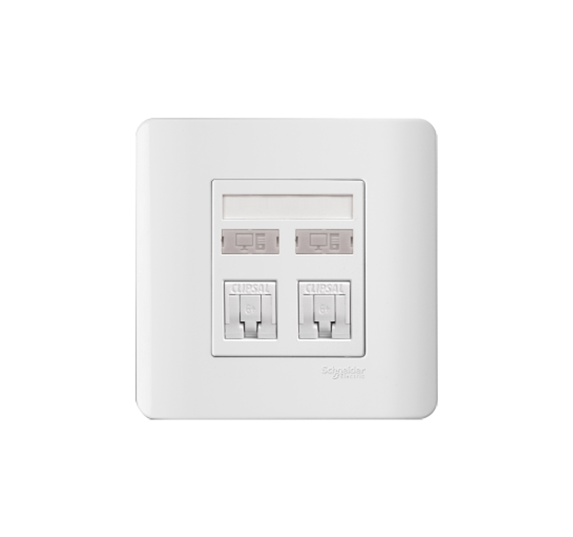 ZENCELO - 2 Gang RJ45 Cat.6 Data Outlet on Shuttered Wallplate (White)