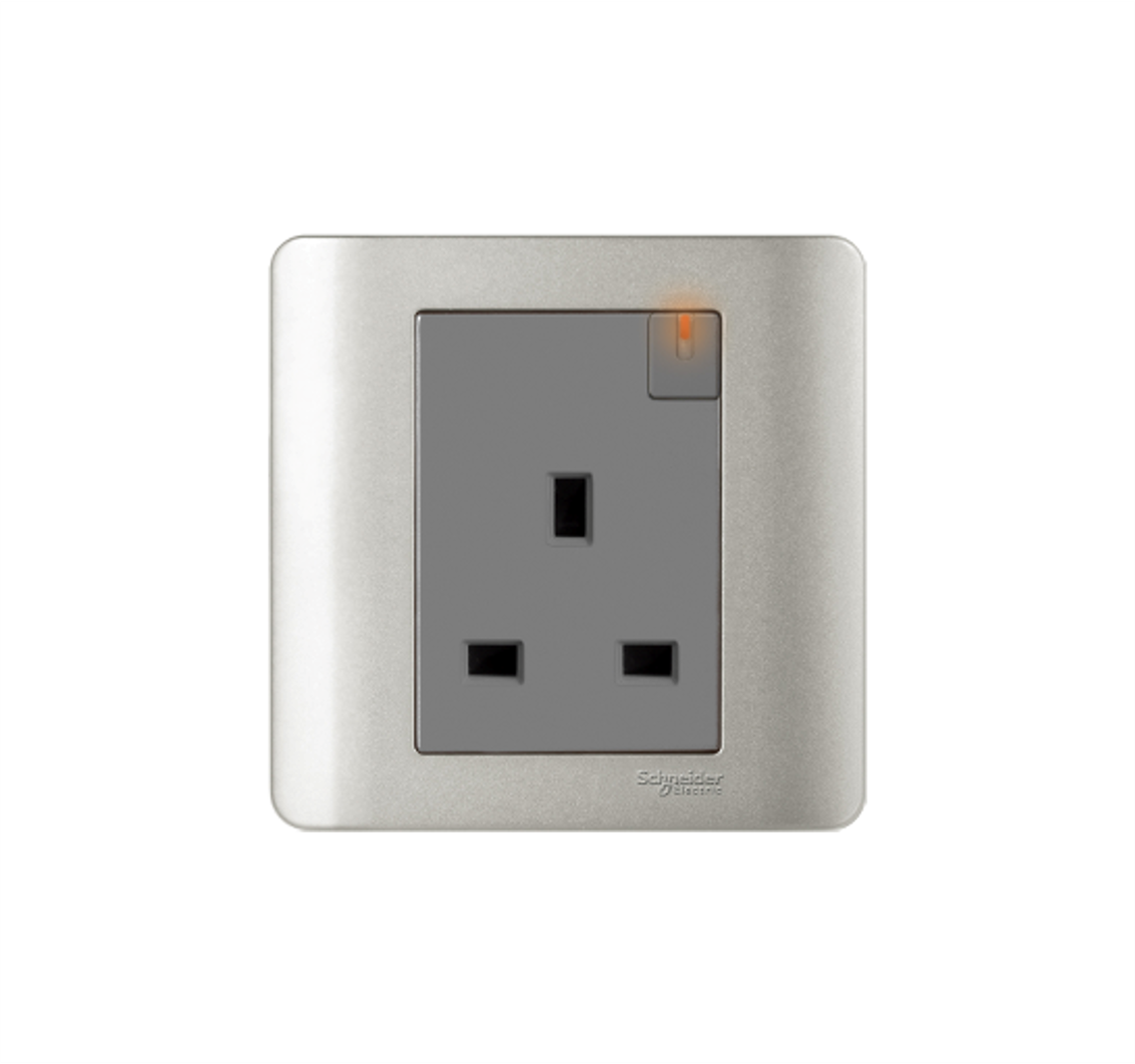 ZENCELO - 13A 1 Gang Double Pole Switched Socket with Neon (Silver Satin)